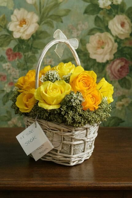 Imported Preserved Real Dried Yellow Roses Basket Arrangment