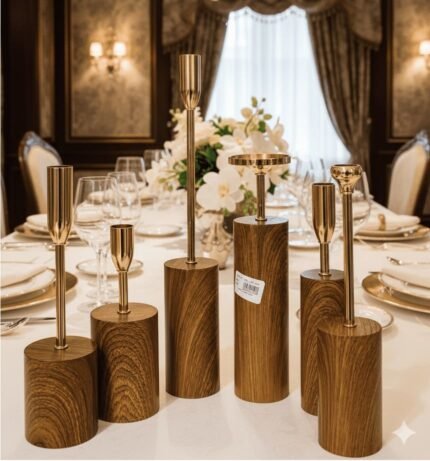 Royal Style Dinner Candle Holders Golden wooden pattern base (6-Pieces)