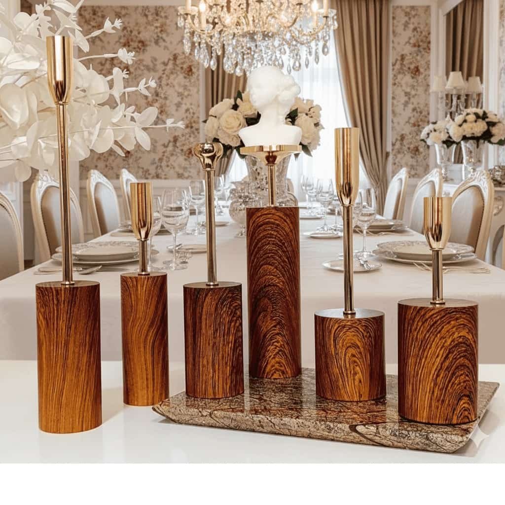 candle stands 1-min Royal Style Dinner Candle Holders Golden wooden pattern base (6-Pieces) - Image 3