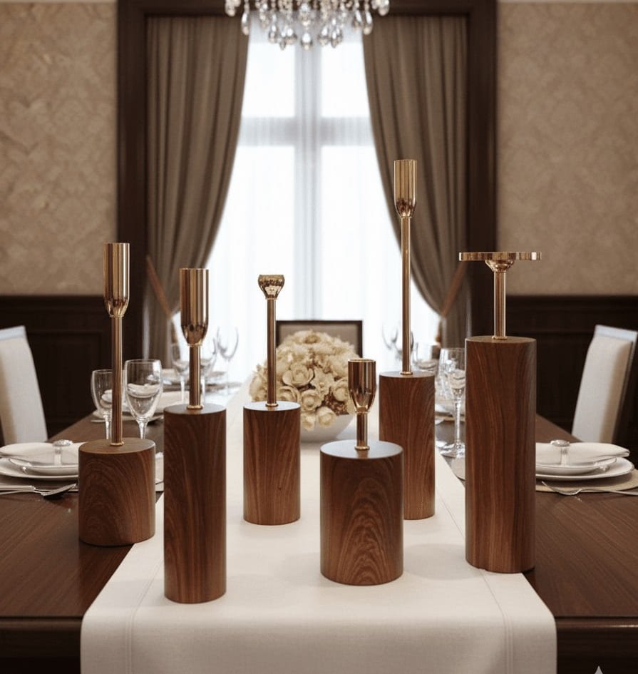 candle stands 2-min Royal Style Dinner Candle Holders Golden wooden pattern base (6-Pieces) - Image 2