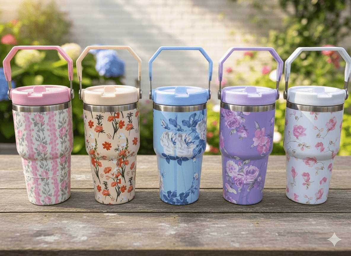 tumbbb1 (2) 20oz Floral Print Stainless Steel Tumbler Flipstraw - Image 1
