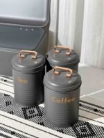 Vintage Metal Canister Set – 3-Piece Embossed Coffee, Tea, & Sugar Jars - Image 3