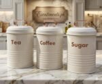 Vintage Metal Canister Set – 3-Piece Embossed Coffee, Tea, & Sugar Jars - Image 2