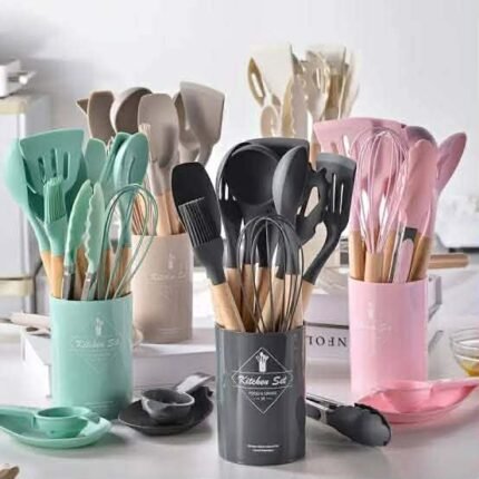 12-Piece Premium Silicone Kitchen Utensil Set with Wooden Handles