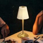 Elegant Rechargeable Touch LED Table Lamp – Gold Base with White Pleated Shade - Image 2