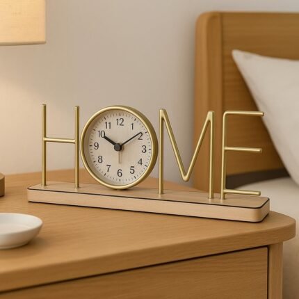 Modern Metal "HOME" Table Clock with Wooden Base
