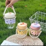 Aesthetic Pearl Glass Mug with Straw – 350ml Portable Sipper