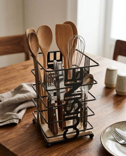 metal iron black wood Premium Cutlery Holder