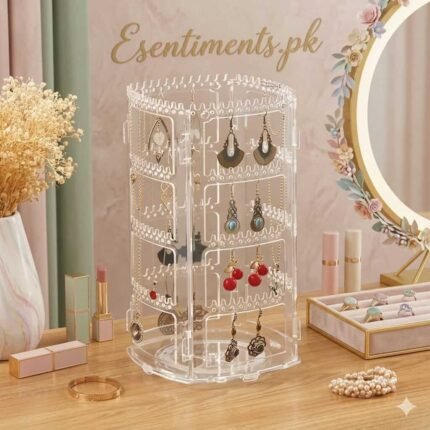 360° Rotating Acrylic Jewelry Organizer – 4-Tier Earring & Necklace Display Stand