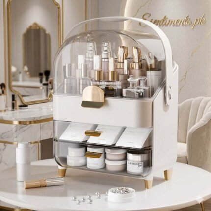 Large Dustproof Cosmetic Organizer with Transparent Dome & Drawers