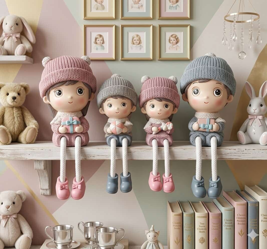 image_a1e9af60 (1) 4-Piece "Family" Resin Figurine Set – Hanging Legs Shelf Decor - Image 1