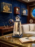 The Beacon of Luxury: Hand-Painted Lighthouse Lantern in Navy & Pearl