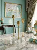Luxury Cracked-Ice Crystal Base Golden Candle Holders - Set of 3