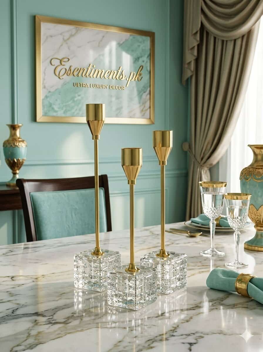 image_da357e07 (1) Luxury Cracked-Ice Crystal Base Golden Candle Holders - Set of 3 - Image 1