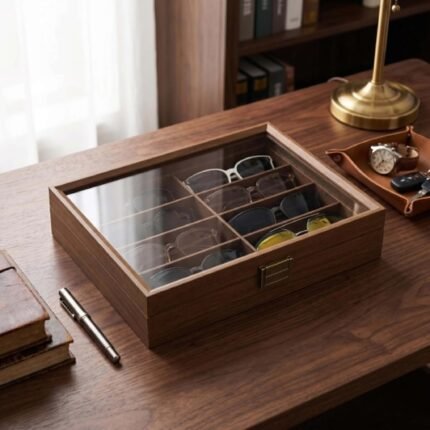 Premium 8-Slot Wooden Sunglasses Organizer Box with Transparent Glass Lid