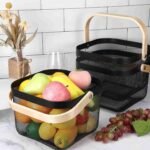 Nordic Style Metal Mesh Storage Basket with Foldable Bamboo Handle