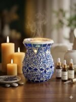 Handmade Blue Mosaic Glass Essential Oil Burner & Tealight Wax Warmer - Image 2