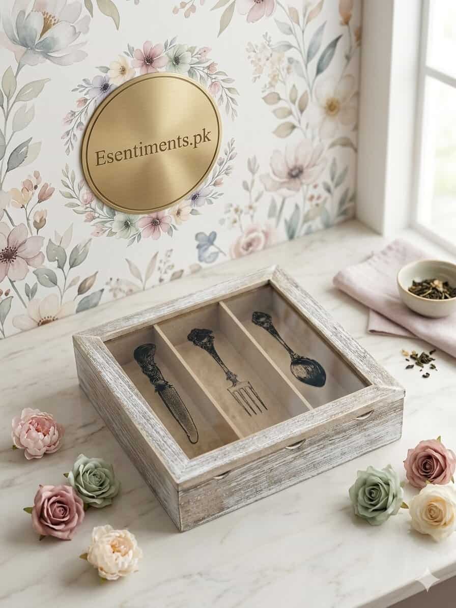 image_7310bab4 (1) (1) Vintage Shabby Chic Wooden Cutlery Box with Glass Lid – 3 Compartments - Image 1