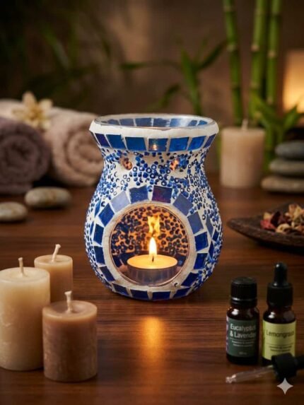 Handmade Blue Mosaic Glass Essential Oil Burner & Tealight Wax Warmer