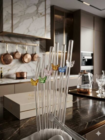 Aesthetic Butterfly Charm Glass Straws (Set of 6)