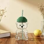 Bearista Shaped Borosilicate Glass Tumbler with Beanie Lid & Straw – 500ml - Image 2