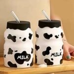 Cute Cow Pattern Ceramic Milk Mug with Silicone Lid & Straw – 470ml - Image 3