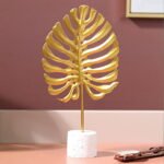 Luxury Nordic Gold Monstera Leaf Metal Tabletop Sculpture with Terrazzo Cylinder Base
