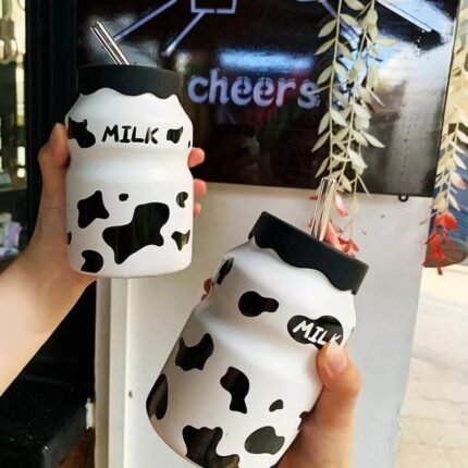 Cute Cow Pattern Ceramic Milk Mug with Silicone Lid & Straw – 470ml
