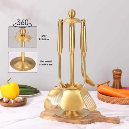 Royal Gold 7-Piece Stainless Steel Cooking Utensils Set with Rotating Stand