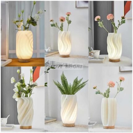 3D Printed Sculptural Vase Table Lamp - Modern LED Bedside Accent Light with Wood Base
