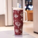 SITARAYURI Crimson Floral Double-Wall Insulated Tumbler with Handle & Straw