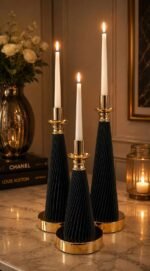 Luxury Fluted Black & Gold Candle Holder Set of 3 – Modern Table Candlestick Stands