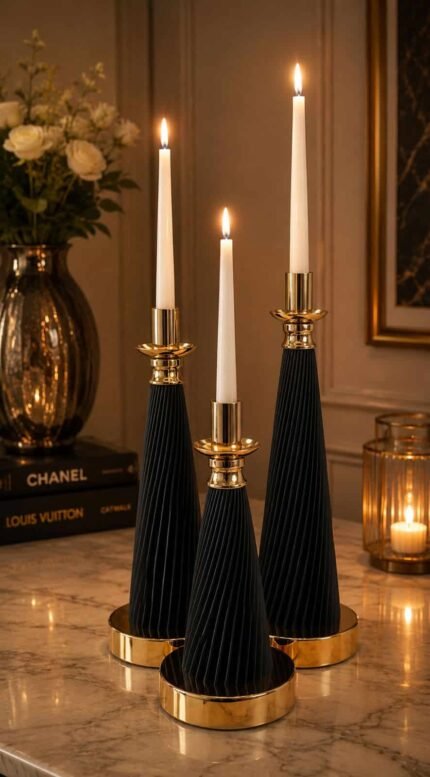 Luxury Fluted Black & Gold Candle Holder Set of 3 – Modern Table Candlestick Stands