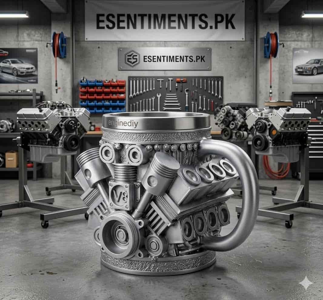 download (1) Premium Silver V8 Engine Mechanical Coffee Mug – Stainless Steel 3D Piston Motor Tankard - Image 1