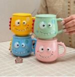 Cute Monster Ceramic Mug Set with Lid and Spoon – Quirky Tea & Coffee Cup