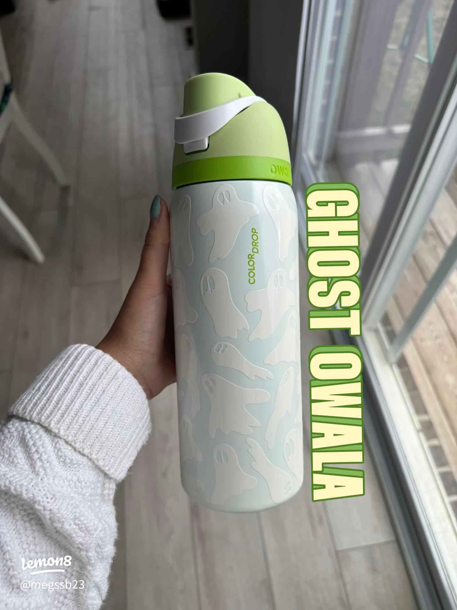 oY35eLArIIDEg29ab6eiAAZHbALyNGSfCAHEEE~tplv-sdweummd6v-text-logo-v1_QG1lZ3NzYjIz_q75 Owala FreeSip 32oz Insulated Water Bottle - Boos and Booze Glow Ghost Drop - Image 1