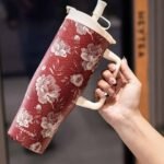 SITARAYURI Crimson Floral Double-Wall Insulated Tumbler with Handle & Straw - Image 3