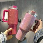 Luxury 40oz Bling Rhinestone Stainless Steel Insulated Tumbler Mug with Handle & Straw - Image 4