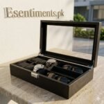 Premium Watch and Sunglasses Organizer Box with Glass Display Lid – Black Carbon Fiber - Image 3