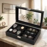 Premium Watch and Sunglasses Organizer Box with Glass Display Lid – Black Carbon Fiber