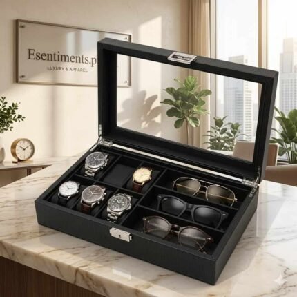 Premium Watch and Sunglasses Organizer Box with Glass Display Lid – Black Carbon Fiber