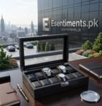 Premium 12-Slot Leather Watch Organizer Box with Glass Display Lid – Black - Image 7