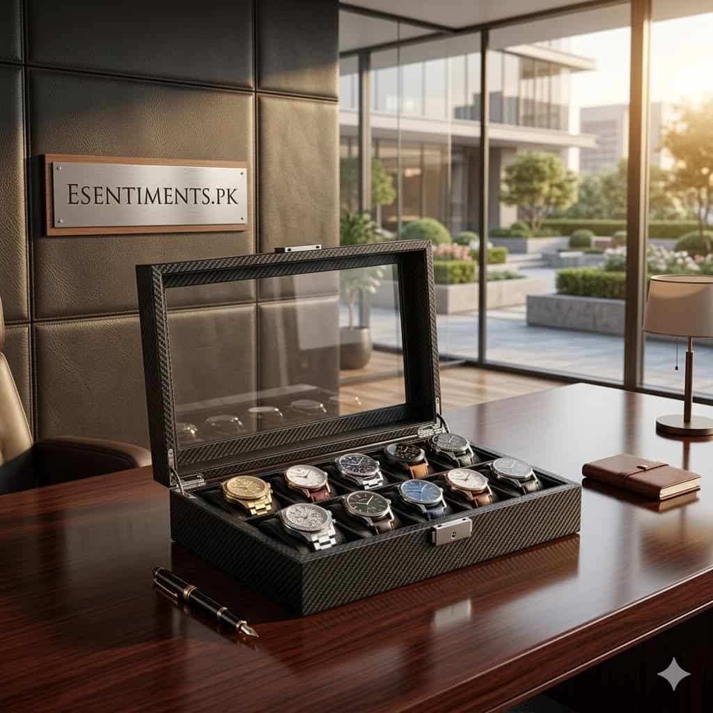 download (6) Premium 12-Slot Leather Watch Organizer Box with Glass Display Lid – Black - Image 1