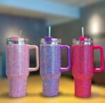 Luxury 40oz Bling Rhinestone Stainless Steel Insulated Tumbler Mug with Handle & Straw - Image 3