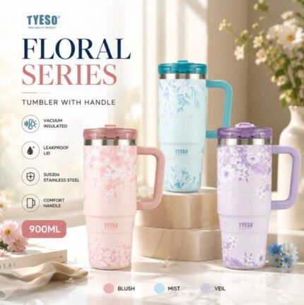 Tyeso Floral Series Insulated Tumbler with Handle (900ml) – Premium Stainless Steel Travel Mug with Leakproof Lid
