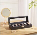 Premium 6-Slot Carbon Fiber Watch Organizer Box with Glass Display Lid – Black