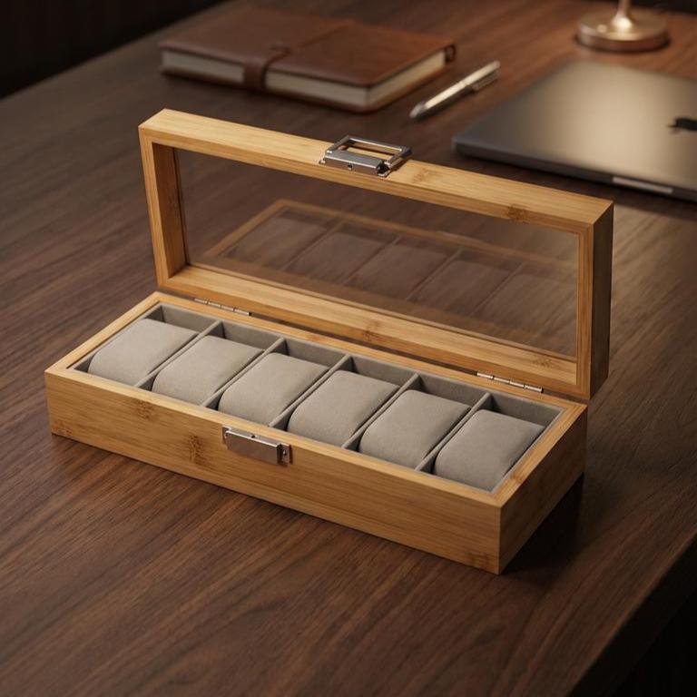bf6a6c69-5dc5-4f68-ab25-6f6158a747fe Luxury Wooden Watch Organizer Case – 6 Slots (Eco-Friendly Bamboo) - Image 1